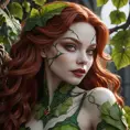 Close-up portrait of Poison Ivy transformed into a vampire.  Her face is pale and gaunt, with dark circles under her eyes.  Thick, crimson vines twist around her neck and arms.  Focus on intricate details of her skin texture and the veins in the vines.