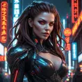 Cyberpunk vampire Sarah Kerrigan, blending biomechanical enhancements with gothic elegance, glowing red eyes, sharp teeth,  dark futuristic cityscape backdrop, neon lights