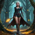 Vampire Ciri wanders through an enchanted forest, where ancient trees whisper secrets and bioluminescent flowers light the path ahead. She moves gracefully, her boots crunching on fallen leaves, while a mystical aura surrounds her, blending with the magic of the woods.