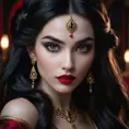 Close-up portrait of Vampire Princess Jasmine, seductive gaze, pale skin, crimson lips, sharp fangs subtly visible, intricate makeup,  flowing dark hair,  dramatic chiaroscuro lighting