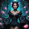 In the heart of an enchanted forest, Vampire Nidalee transforms seamlessly between human and panther form under the luminescent glow of bioluminescent flowers, her attire a blend of elegant Victorian lace and feline grace.