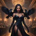 Inside an opulent, dimly lit ballroom filled with shadowy figures and flickering candlelight, Vampire Nidalee dances gracefully, her movements both alluring and menacing, a raven perched on her shoulder adding to the gothic allure.