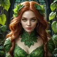 A hyperrealistic portrait of a vampire Poison Ivy.  Her skin is a vibrant, toxic green, with visible veins pulsing beneath the surface.  She wears a tattered, vine-woven dress, and her eyes glow with an unnatural light