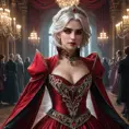 Atop a grand masquerade ballroom, Vampire Ciri dances under crystal chandeliers, her crimson gown swishing in tandem to the haunting melody played by an invisible orchestra. Her gaze pierces through her ornate mask, revealing eyes that hold centuries of untold stories.