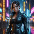 Cyberpunk vampire Lara Croft, neon lights reflecting in her eyes, leather outfit with intricate details, glowing cybernetic enhancements, dual pistols, futuristic city background