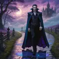 In a surreal dreamscape where time stands still, a vampire walks along a path paved with iridescent gemstones. The air is thick with mist, and the sky is painted in deep purples and blues, with swirling clouds that mirror the intricate patterns on their luxurious velvet cloak.