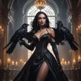 Inside an opulent, dimly lit ballroom filled with shadowy figures and flickering candlelight, Vampire Nidalee dances gracefully, her movements both alluring and menacing, a raven perched on her shoulder adding to the gothic allure.