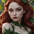 Close-up portrait of Poison Ivy transformed into a vampire.  Her face is pale and gaunt, with dark circles under her eyes.  Thick, crimson vines twist around her neck and arms.  Focus on intricate details of her skin texture and the veins in the vines.