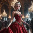 Atop a grand masquerade ballroom, Vampire Ciri dances under crystal chandeliers, her crimson gown swishing in tandem to the haunting melody played by an invisible orchestra. Her gaze pierces through her ornate mask, revealing eyes that hold centuries of untold stories.