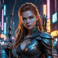 Cyberpunk vampire Aloy, neon lights reflecting in her eyes, futuristic tribal armor, glowing runes, intricate details, sharp fangs, holding a high-tech bow, dark city background