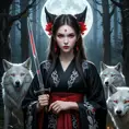 Dark fantasy portrait: a beautiful vampire princess, a fusion of San (Princess Mononoke) and a seductive vampire, with sharp features, pale skin, and glowing crimson eyes, wearing a torn, elegant black kimono, holding a ceremonial dagger, surrounded by wolves in a moonlit forest