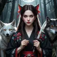 Dark fantasy portrait: a beautiful vampire princess, a fusion of San (Princess Mononoke) and a seductive vampire, with sharp features, pale skin, and glowing crimson eyes, wearing a torn, elegant black kimono, holding a ceremonial dagger, surrounded by wolves in a moonlit forest