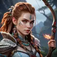 Aloy from Horizon Zero Dawn, but as a vampire, pale skin, crimson eyes, fangs, intricate tribal tattoos, holding a glowing bow