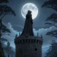 A mysterious figure stands atop an ancient, moonlit castle turret. Cloaked in shadows, their pale skin glows softly under the starry night sky. Eyes like burning sapphires pierce through the darkness as they survey the sprawling forest below.