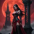 Vampire Nidalee stands silhouetted against a blood-red moon, her eyes glowing an eerie crimson as she perches atop a crumbling gothic tower, surrounded by swirling mist and ancient runes.