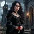 Yennefer, a noble vampire, stands amidst a ruined castle, moonlight illuminating her pale face and long, dark hair. She wears a richly detailed, dark velvet dress.  A single red rose rests in her hand