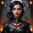 photorealistic portrait of Cassandra Cain as a vampire, sharp fangs, crimson eyes glowing, dark gothic attire