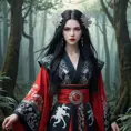 A majestic, ethereal vampire princess, inspired by Princess Mononoke, with long flowing black hair, pale skin, sharp fangs, and intense red eyes, wearing a dark, elegant kimono adorned with ornate silver details and glowing runes, surrounded by a mystical, enchanted forest