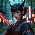 Cyberpunk Vampire Princess Mononoke:  A futuristic reimagining of San as a powerful vampire princess, with cybernetic enhancements, glowing red eyes, and sharp fangs, wearing a dark, futuristic kimono incorporating neon accents, wielding a high-tech katana, in a neon-lit, cyberpunk forest