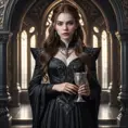 Aloy as a gothic vampire, elegant black dress, pale skin, sharp features, long dark hair, holding a silver goblet, opulent background