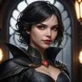 photorealistic portrait of Cassandra Cain as a vampire, sharp fangs, crimson eyes glowing, dark gothic attire