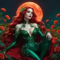 A seductive, gothic vampire, reminiscent of Poison Ivy, with emerald skin, long, flowing vines for hair, and crimson lips, lounging amidst a field of poisonous, bioluminescent flowers under a blood-red moon