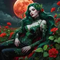 A seductive, gothic vampire, reminiscent of Poison Ivy, with emerald skin, long, flowing vines for hair, and crimson lips, lounging amidst a field of poisonous, bioluminescent flowers under a blood-red moon