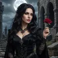 Yennefer, a noble vampire, stands amidst a ruined castle, moonlight illuminating her pale face and long, dark hair. She wears a richly detailed, dark velvet dress.  A single red rose rests in her hand