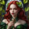 Poison Ivy's face, but with sharp fangs and piercing red eyes, draped in dark, velvety vines, holding a goblet of crimson liquid