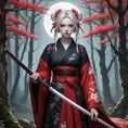 A gothic anime princess, reminiscent of San from Princess Mononoke, but with pale skin, sharp fangs, and crimson eyes, standing amidst a decaying forest, wearing a tattered kimono adorned with blood-red blossoms, holding a katana dripping with moonlight