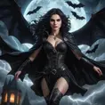 A powerful, dynamic image of vampire Yennefer soaring through a stormy night sky, her black cloak billowing behind her.  She's surrounded by bats and lightning, her eyes blazing with supernatural energy.