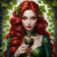 Poison Ivy's face, but with sharp fangs and piercing red eyes, draped in dark, velvety vines, holding a goblet of crimson liquid