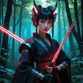 Cyberpunk Vampire Princess Mononoke:  A futuristic reimagining of San as a powerful vampire princess, with cybernetic enhancements, glowing red eyes, and sharp fangs, wearing a dark, futuristic kimono incorporating neon accents, wielding a high-tech katana, in a neon-lit, cyberpunk forest