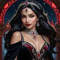 A breathtaking portrait of Vampire Princess Jasmine, ethereal beauty with sharp fangs, flowing midnight-black hair adorned with crimson jewels, wearing a velvet gown embroidered with silver crescent moons