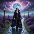 In a surreal dreamscape where time stands still, a vampire walks along a path paved with iridescent gemstones. The air is thick with mist, and the sky is painted in deep purples and blues, with swirling clouds that mirror the intricate patterns on their luxurious velvet cloak.