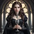 Aloy as a gothic vampire, elegant black dress, pale skin, sharp features, long dark hair, holding a silver goblet, opulent background