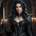 A breathtaking portrait of Yennefer from The Witcher, transformed into a vampire, with piercing red eyes, pale skin, and long, flowing black hair. She wears a dark, elegant gown, adorned with silver accents, and holds a wickedly sharp silver dagger