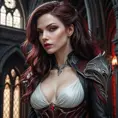 Sarah Kerrigan as a seductive vampire,  pale skin, dark flowing hair, sharp claws, gothic architecture background, blood red highlights