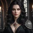 A breathtaking portrait of Yennefer from The Witcher, transformed into a vampire, with piercing red eyes, pale skin, and long, flowing black hair. She wears a dark, elegant gown, adorned with silver accents, and holds a wickedly sharp silver dagger