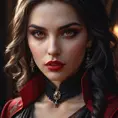 A close-up portrait of Kassandra, a seductive vampire, her face partially obscured by shadows.  Her lips are full and crimson, her eyes gleam with an unnerving intensity