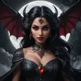 Dramatic fantasy artwork of Vampire Princess Jasmine,  transformed into a powerful bat-like creature with glowing red eyes,  surrounded by swirling shadows and moonlight,  dark and moody atmosphere