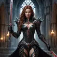 Dark fantasy portrait of Sarah Kerrigan, vampire queen, wielding a wicked blade, dripping blood, dramatic pose, detailed armor, gothic cathedral setting