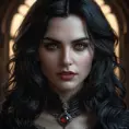 Close-up portrait of a vampire Yennefer, her face etched with ancient wisdom and predatory grace. Her fangs are subtly visible, and a single drop of blood glistens on her chin.  Dark, moody atmosphere, sharp focus on eyes