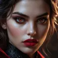 A close-up portrait of Kassandra, a seductive vampire, her face partially obscured by shadows.  Her lips are full and crimson, her eyes gleam with an unnerving intensity