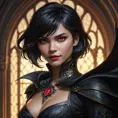 photorealistic portrait of Cassandra Cain as a vampire, sharp fangs, crimson eyes glowing, dark gothic attire