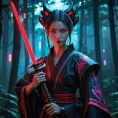 Cyberpunk Vampire Princess Mononoke:  A futuristic reimagining of San as a powerful vampire princess, with cybernetic enhancements, glowing red eyes, and sharp fangs, wearing a dark, futuristic kimono incorporating neon accents, wielding a high-tech katana, in a neon-lit, cyberpunk forest