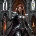 Dark fantasy portrait of Sarah Kerrigan, vampire queen, wielding a wicked blade, dripping blood, dramatic pose, detailed armor, gothic cathedral setting