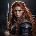 Portrait of Aloy, vampire hunter aesthetic, sharp fangs, intense gaze, long flowing red hair, tattered clothing, holding a stake, dark background