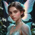 A whimsical, almost ethereal portrait of Kassandra, a young vampire with delicate features and translucent wings. She's surrounded by glowing bioluminescent flora, a dreamy atmosphere, pastel colors, art nouveau style