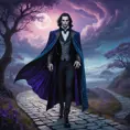 In a surreal dreamscape where time stands still, a vampire walks along a path paved with iridescent gemstones. The air is thick with mist, and the sky is painted in deep purples and blues, with swirling clouds that mirror the intricate patterns on their luxurious velvet cloak.